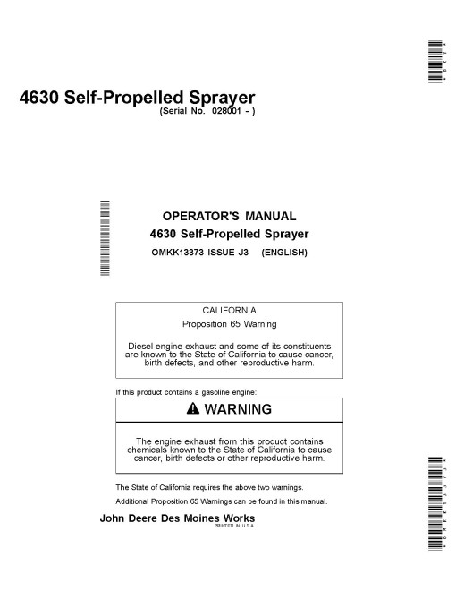 John Deere 4630 Self-Propelled Sprayers (SN: 028001 - 033000) (Export Edition) Operators Manual (OMKK13373)