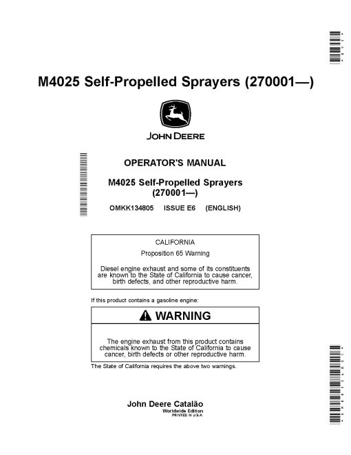 John Deere M4025 Self-Propelled Sprayers (SN: from 270001) Operators Manual (OMKK134805)