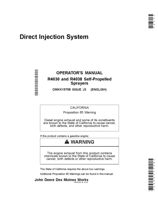 John Deere Direct Injection System for Self-Propelled Sprayers (SN: -006000) Operators Manual (OMKK15798)