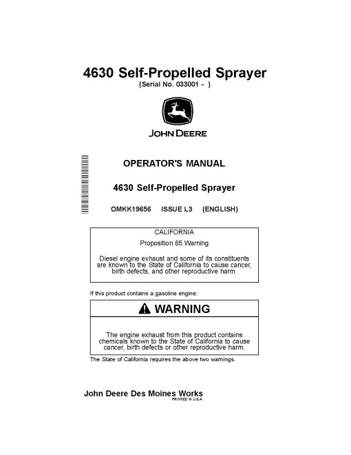 John Deere 4630 Self-Propelled Sprayers (SN: from 033001) (North America) Operators Manual (OMKK19656)