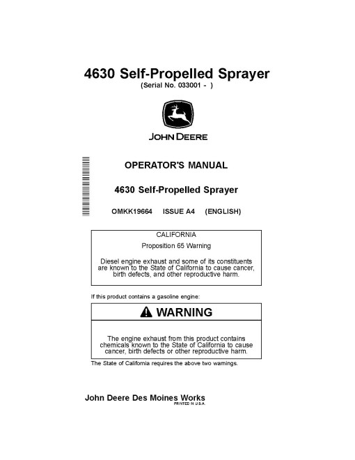 John Deere 4630 Self-Propelled Sprayers (SN: from 033001) (Export Edition) Operators Manual (OMKK19664)