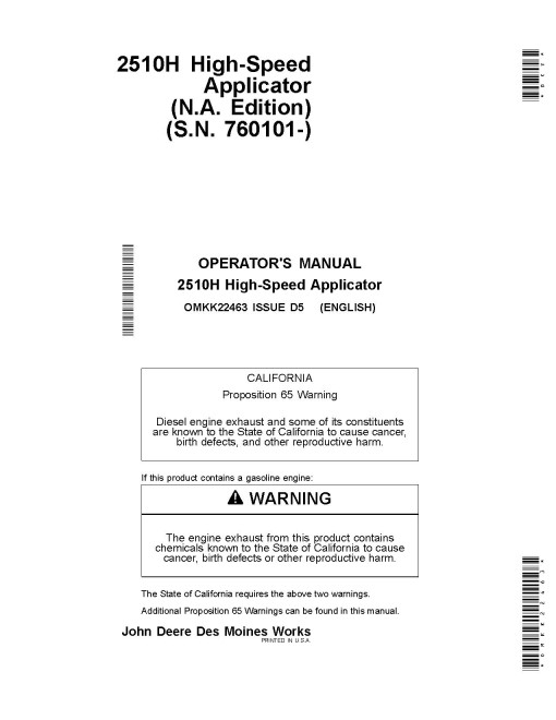 John Deere 2510H High Speed Nutrient Applicators (SN: 760101 - 770100) (North America) Operators Manual (OMKK22463)