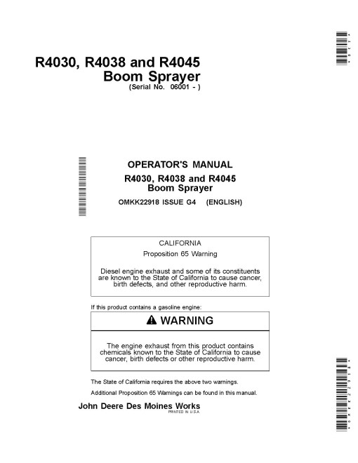 John Deere R4030, R4038 and R4045 Self-Propelled Sprayers (SN: 006001 - 011100) (Asia) Operators Manual (OMKK22918)