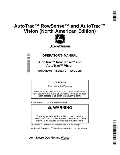 John Deere AutoTrac RowSense and AutoTrac Vision System for Self-Propelled Sprayers (N.America) Operators Manual (OMKK26405)