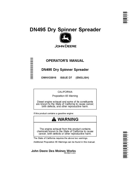 John Deere DN495 Dry Fertilizer Spreaders (MY2017) (North America) Operators Manual (OMKK33916)