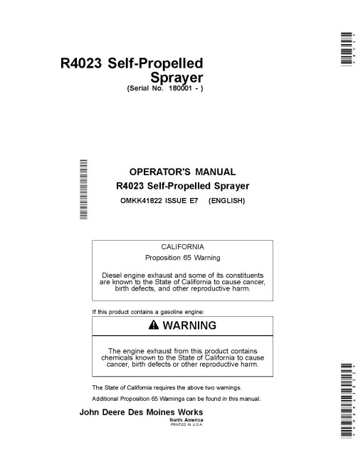 John Deere R4023 Self-Propelled Sprayers (SN: 180001 - 190000) (North America) Operators Manual (OMKK41822)