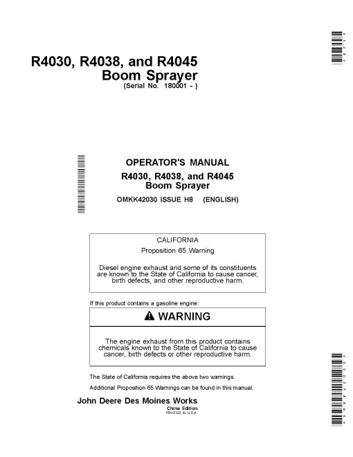 John Deere R4030, R4038 and R4045 Self-Propelled Sprayers (SN: from 180001) (Asia) Operators Manual (OMKK42030)