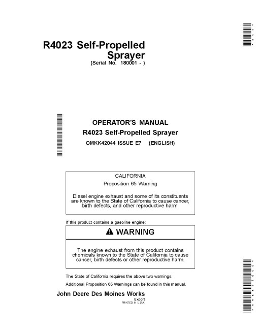 John Deere R4023 Self-Propelled Sprayers (SN: 180001 - 190000) (Export Edition) Operators Manual (OMKK42044)
