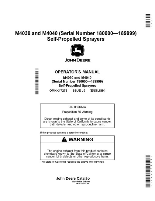 John Deere M4030 and M4040 Self-Propelled Sprayers (SN: 180000 - 189999) Operators Manual (OMKK47278)