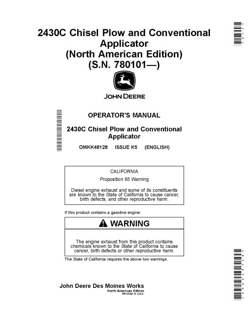 John Deere 2430C Nutrient Applicators and Chisel Plows (SN: from 780101) (North America) Operators Manual (OMKK48128)