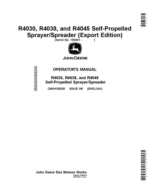 John Deere R4030, R4038 and R4045 Self-Propelled Sprayers (SN: 190001 - 200000) (Export Edition) Operators Manual (OMKK50928)