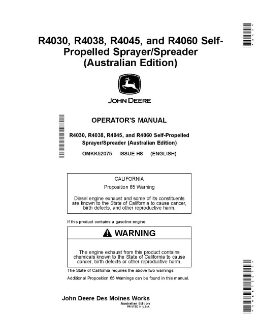 John Deere R4030, R4038, R4045 and R4060 Self-Propelled Sprayers (SN: from 190001) (Australia) Operators Manual (OMKK52075)
