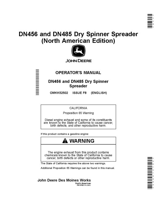 John Deere DN456 and DN485 Dry Fertilizer Spreaders (MY2019) (North America) Operators Manual (OMKK52502)