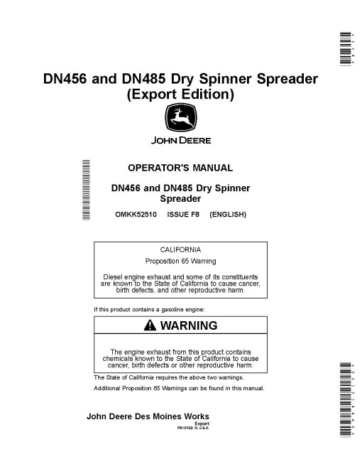 John Deere DN456 and DN485 Dry Fertilizer Spreaders (MY2019) (Export Edition) Operators Manual (OMKK52510)