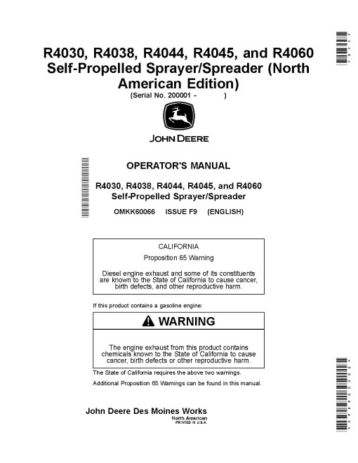 John Deere R4030, R4038, R4044, R4045, R4060 Self-Propelled Sprayers (SN:200001-210000)(N.America) Operators Manual (OMKK60066)