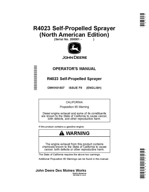 John Deere R4023 Self-Propelled Sprayers (SN: 200001 - 210000) (North America) Operators Manual (OMKK61607)