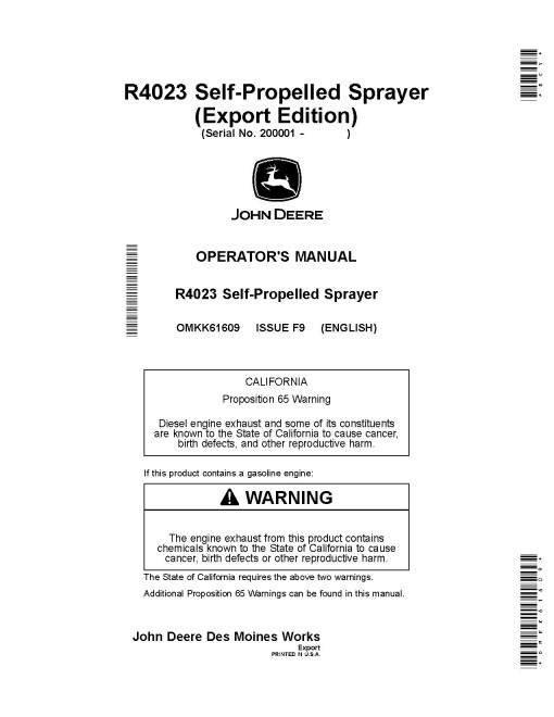 John Deere R4023 Self-Propelled Sprayers (SN: 200001 - 210000) (Export Edition) Operators Manual (OMKK61609)