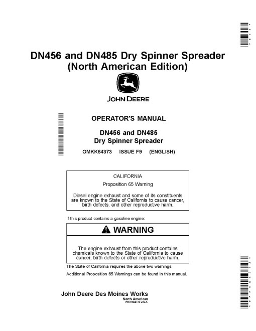 John Deere DN456 and DN485 Dry Fertilizer Spreaders (MY2020) (North America) Operators Manual (OMKK64373)