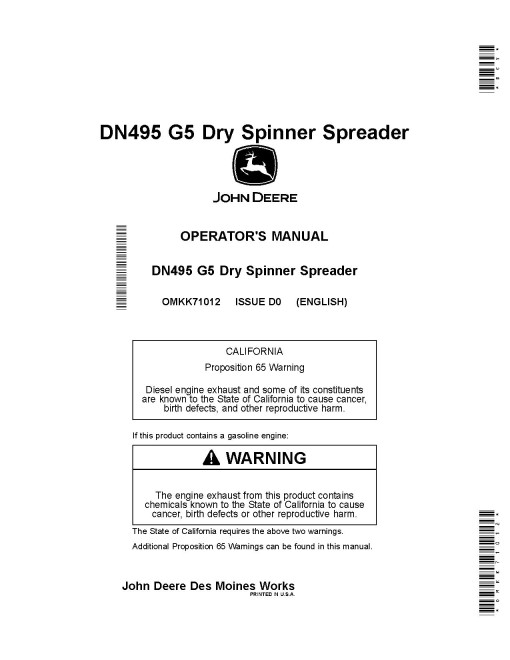 John Deere DN495 G5 Dry Fertilizer Spreaders (MY2020) (North America) Operators Manual (OMKK71012)