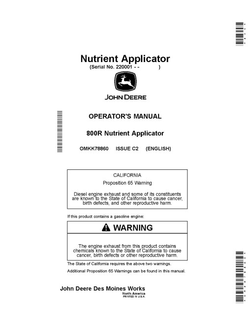 John Deere 800R Nutrient Applicators (SN: 220001 - 250000) (North America) Operators Manual (OMKK78860)