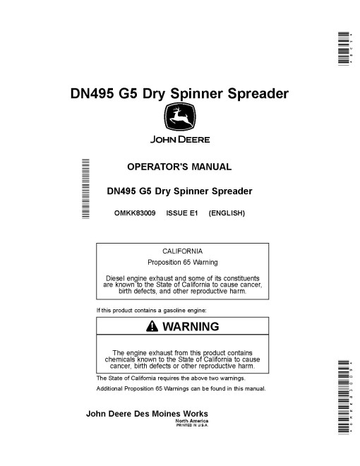 John Deere DN495 G5 Dry Fertilizer Spreaders (from MY2021) (North America) Operators Manual (OMKK83009)