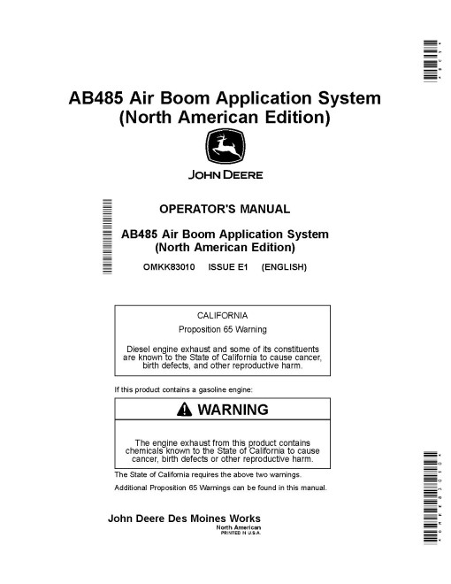 John Deere AB485 Air Boom Application System (from MY2020) (North America) Operators Manual (OMKK83010)