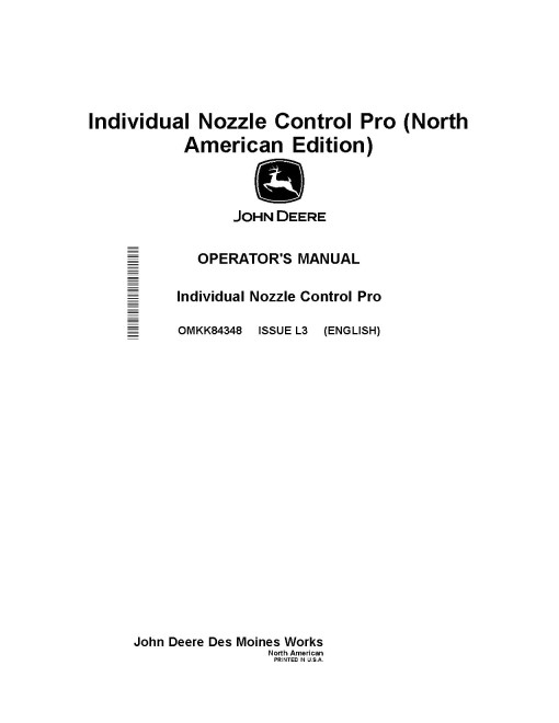 John Deere Individual Nozzle Control Pro Upgrade for Self-Propelled Sprayers (North America) Operators Manual (OMKK84348)