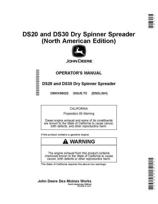 John Deere DS20 and DS30 Dry Fertilizer Spreaders (SN: from 220001) (North America) Operators Manual (OMKK96022)