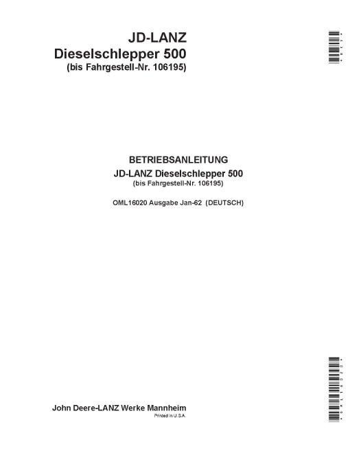 John Deere 500 (JD500) Tractors (SN: 000001 - 106195) (Europe) Operators Manual (OML16020)