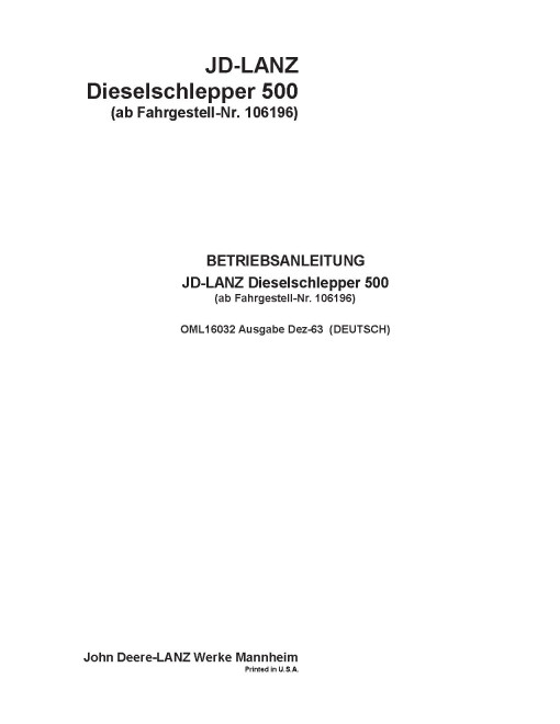 John Deere 500 (JD500) Tractors (SN: from 106196) (Europe) Operators Manual (OML16032)