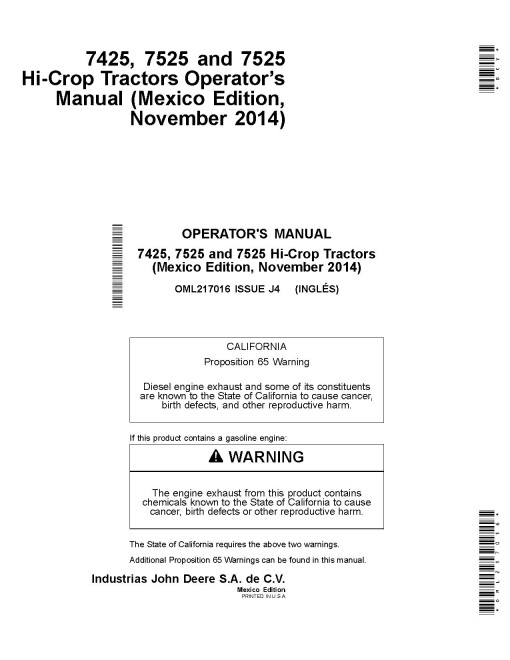John Deere 7425, 7525 and 7525HC Tractors (MY2012) (Mexico) Operators Manual (OML217016)