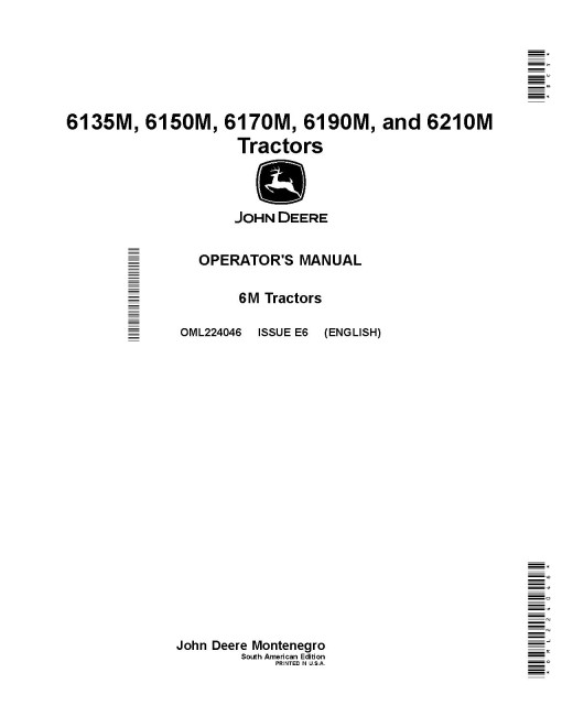 John Deere 6135M, 6150M, 6170M, 6190M and 6210M Tractors (from MY2020, South America) Operators Manual (OML224046)