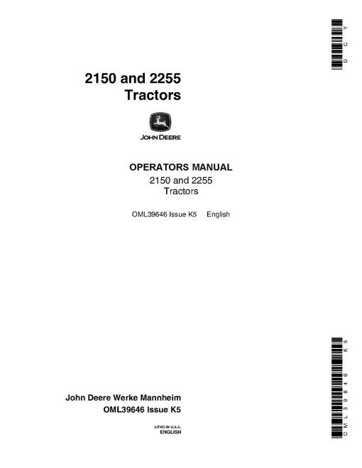 John Deere 2150 and 2255 Tractors (North America) Operators Manual (OML39646)