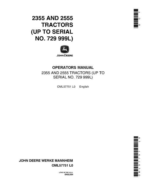 John Deere 2355 and 2555 Tractors (SN: up to 729999L, North America) Operators Manual (OML57751)