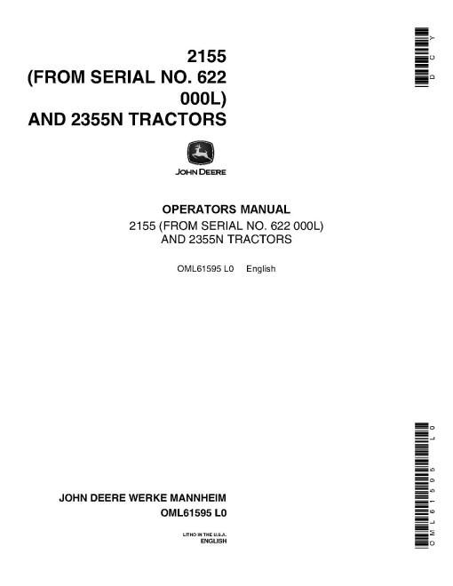 John Deere 2155 (SN: 622001L - 734999L) and 2355N (SN: up to 734999L) Tractors (North America) Operators Manual (OML61595)
