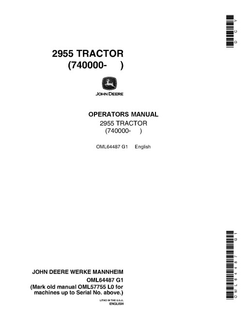 John Deere 2955 Tractors (SN: from 740000) (North America) Operators Manual (OML64487)