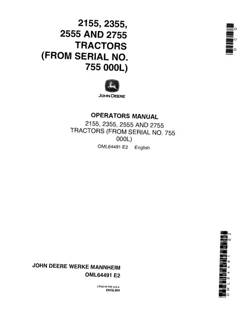 John Deere 2155, 2355, 2555, 2755 GPT, General Purpose Tractors (SN: from 755000L, North America) Operators Manual (OML64491)