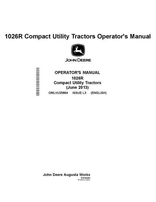 John Deere 1026R Compact Utility Tractors (SN: from 310000, Europe) Operators Manual (OMLVU25864)