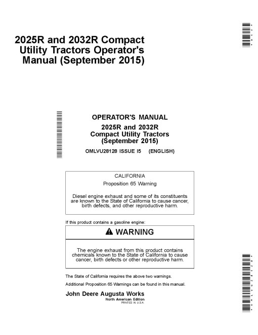 John Deere 2025R and 2032R Compact Utility Tractors (from Sep.2015, North America) Operators Manual (OMLVU28128)
