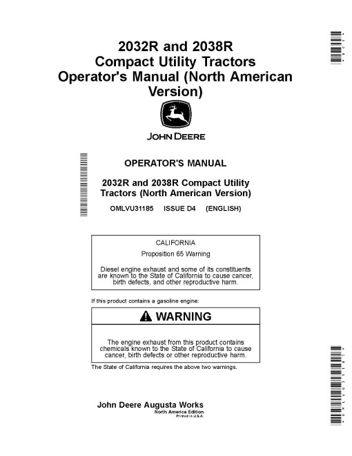 John Deere 2032R and 2038R Compact Utility Tractors (SN: from GH000001, MY2017-2019, N.America) Operators Manual (OMLVU31185)