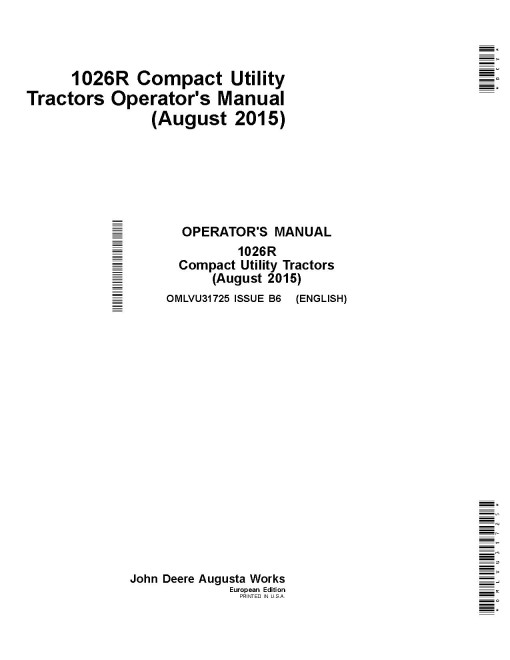 John Deere 1026R Compact Utility Tractors (from MY2015, Europe) Operators Manual (OMLVU31725)