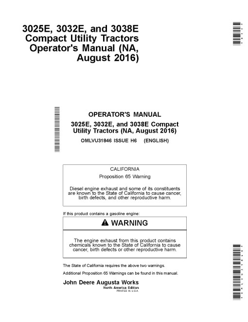 John Deere 3025E (SN:100001-) and 3032E, 3038E (SN:710001-) Compact Utility Tractors (N.America) Operators Manual (OMLVU31846)