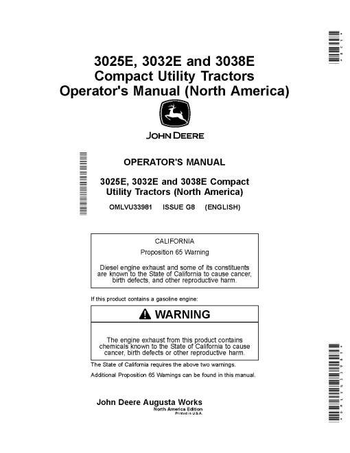 John Deere 3025E, 3032E, 3038E Compact Utility Tractors (SN.from HJ100000, MY2018-2019, N.America) Operators Manual (OMLVU33981)