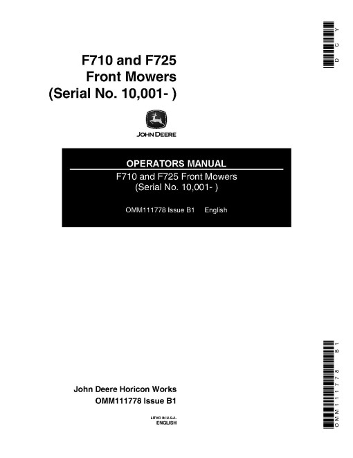 John Deere F710 and F725 Front Mowers (SN: 010001 - 030000) (North America) Operators Manual (OMM111778)