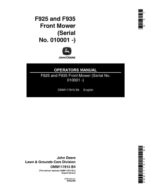John Deere F925 (SN: 010001 - 130270) and F935 (SN: 010001 - 131200) Front Mowers (Export Edition) Operators Manual (OMM117815)