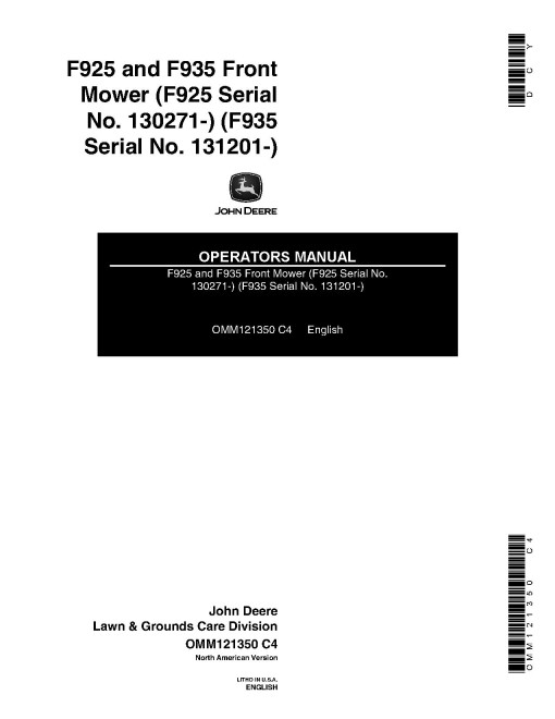 John Deere F925 (SN: 130271 - 150000) and F935 (SN: 131201 - 150000) Front Mowers (North America) Operators Manual (OMM121350)