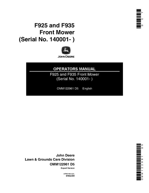 John Deere F925 and F935 Front Mowers (SN: 140001 - 150000) (Export Edition) Operators Manual (OMM122961)