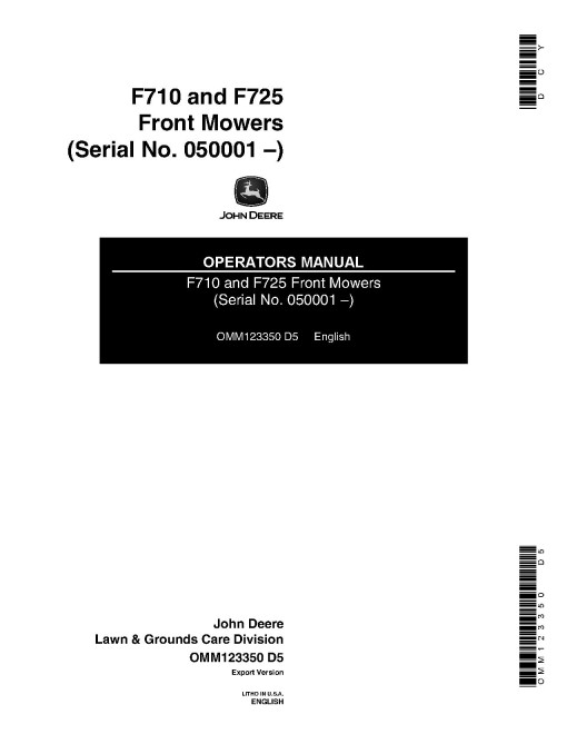 John Deere F710 and F725 Front Mowers (SN: 050001 - 090000) (Export Edition) Operators Manual (OMM123350)