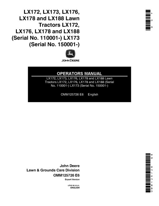 John Deere LX172, LX176, LX178, LX188 (SN:110001-) and LX173 (SN:150001-) Lawn Tractors (Export) Operators Manual (OMM125726)