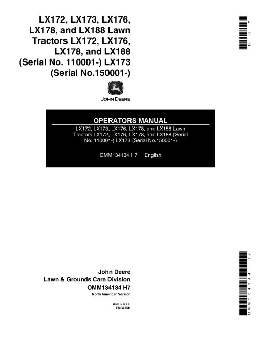 John Deere LX172, LX176, LX178, LX188 (SN:110001-) and LX173 (SN:150001-) Lawn Tractors (N.America) Operators Manual (OMM134134)